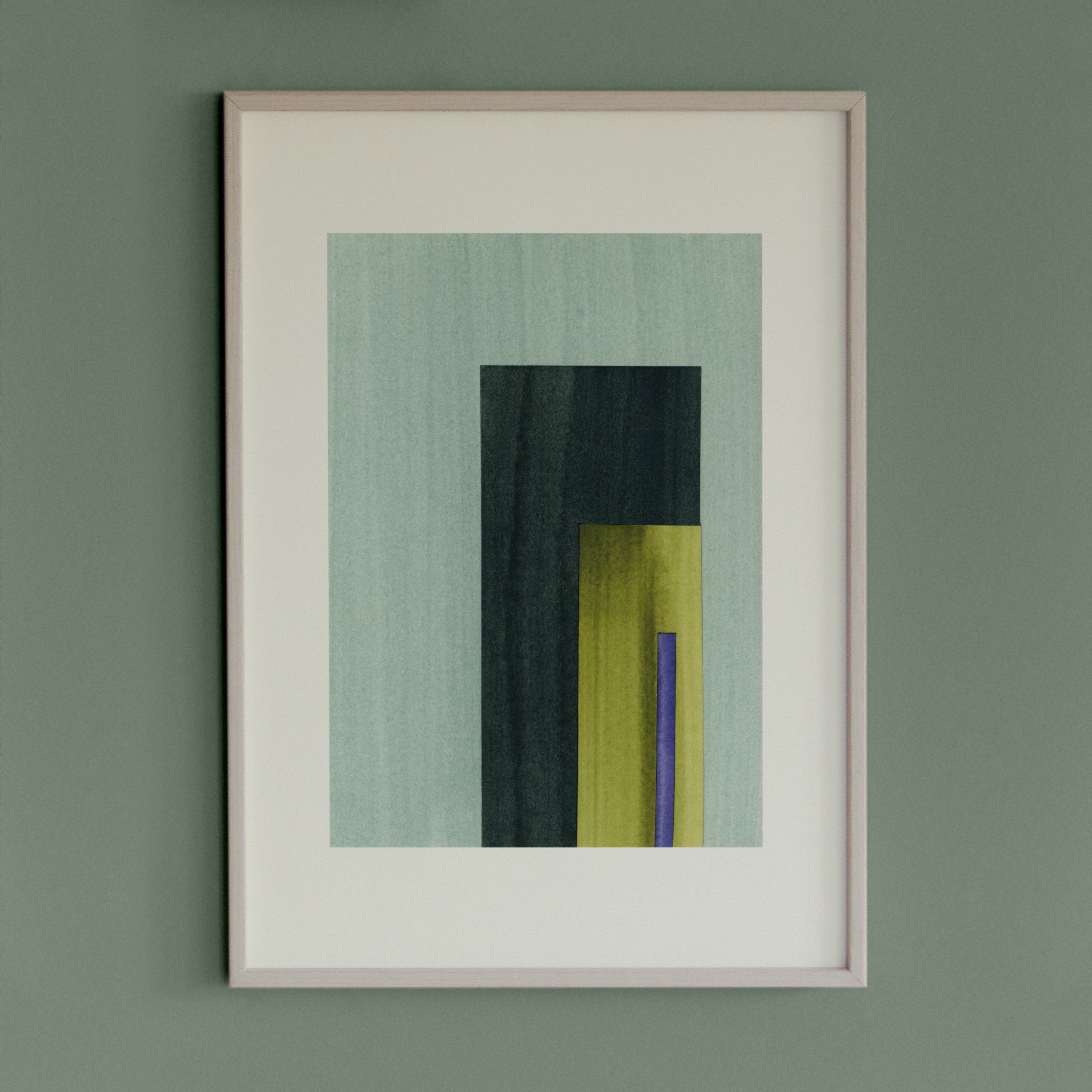 Geometric abstract artwork with turquoise, green and blue/purple colours, in a thin white oak wooden frame on a teal/aquamarine grey wall