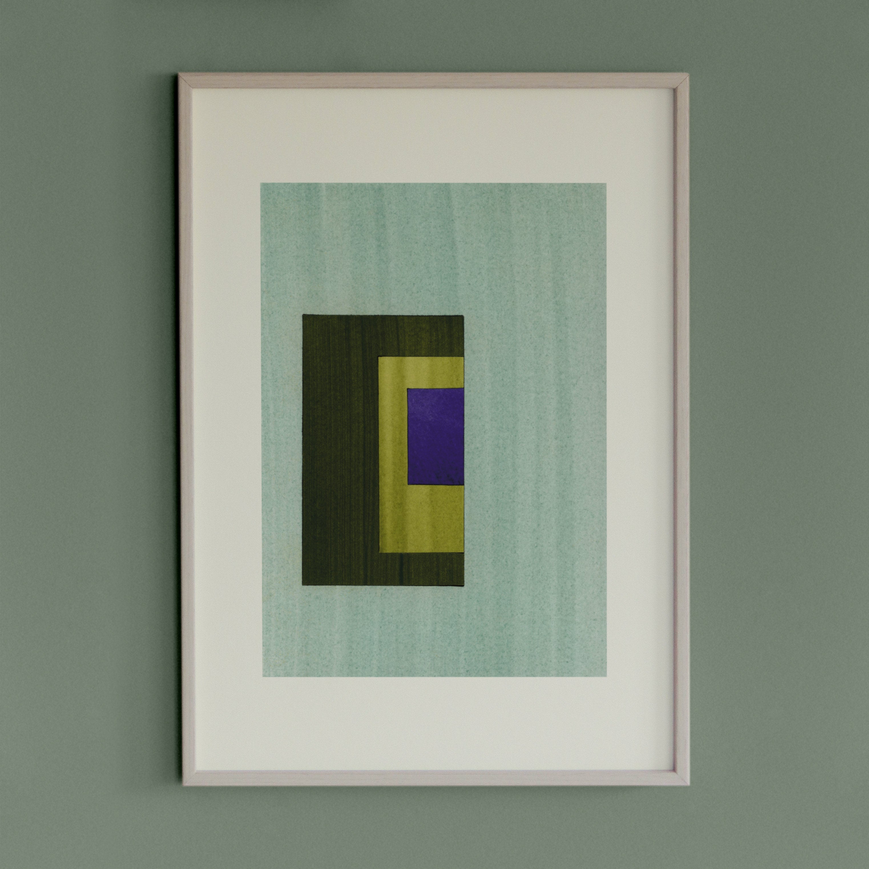 Geometric abstract artwork with turquoise, green and blue/purple colours, in a thin white oak wooden frame on a teal/aquamarine grey wall