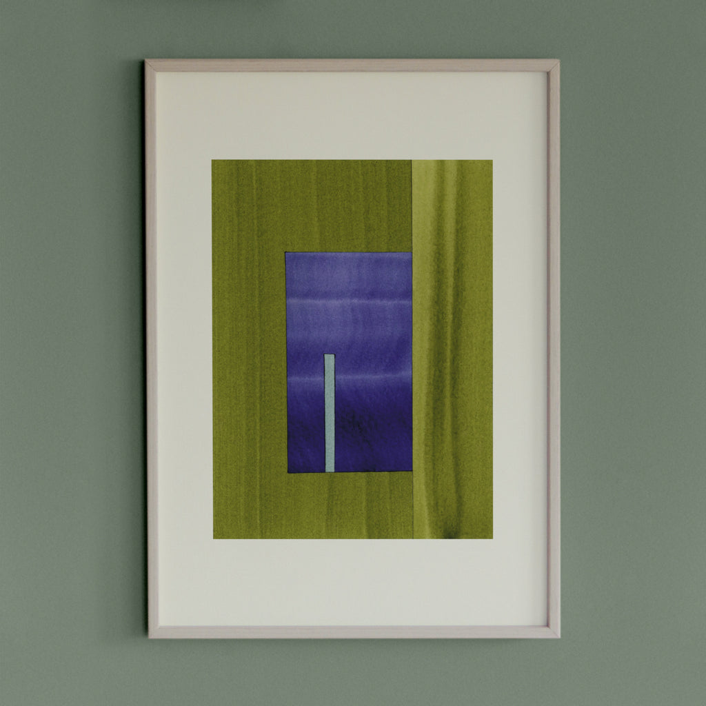 Geometric abstract artwork with green and blue/purple colours, in a thin white oak wooden frame on a teal/aquamarine grey wall