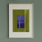 Geometric abstract artwork with green and blue/purple colours, in a thin white oak wooden frame on a teal/aquamarine grey wall