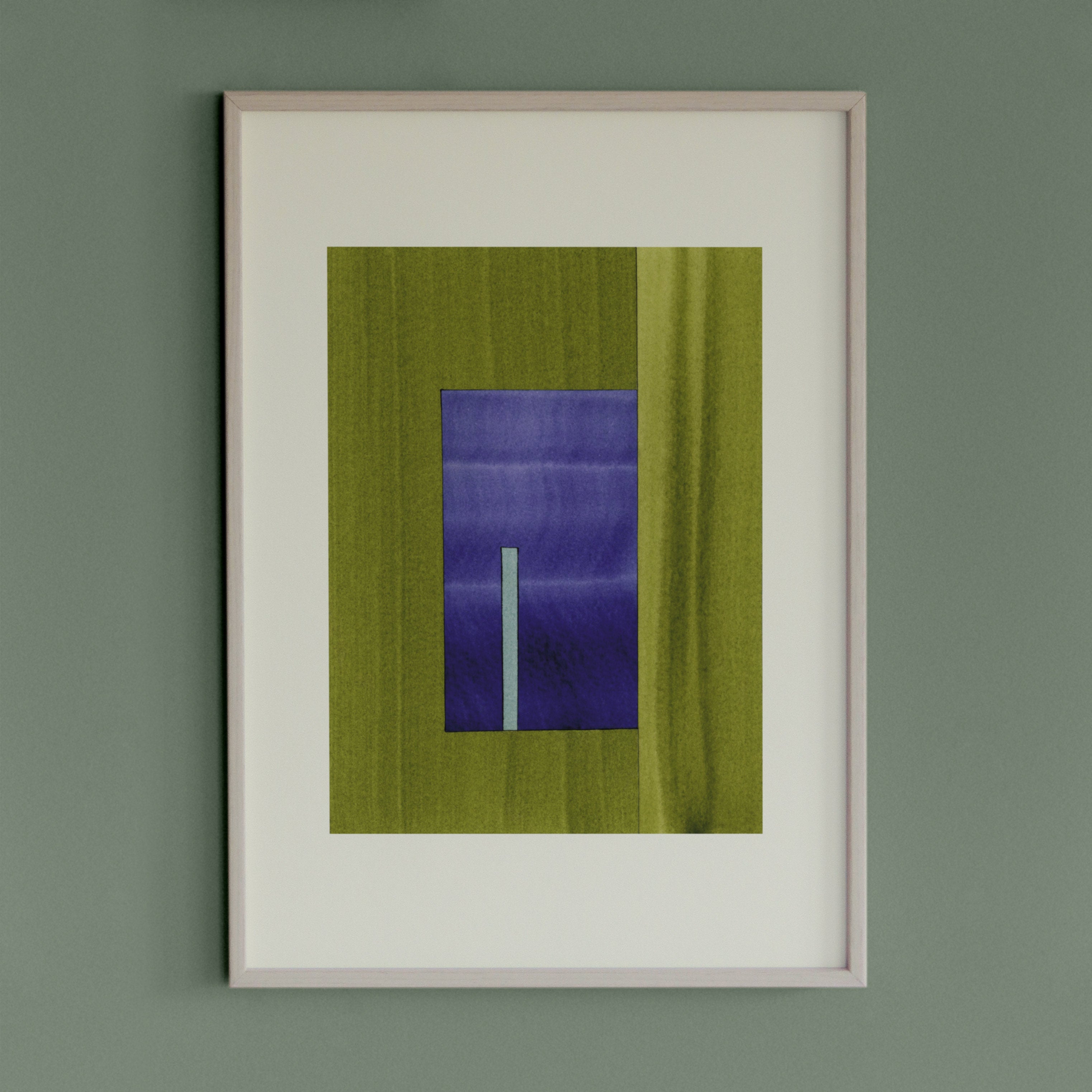 Geometric abstract artwork with green and blue/purple colours, in a thin white oak wooden frame on a teal/aquamarine grey wall