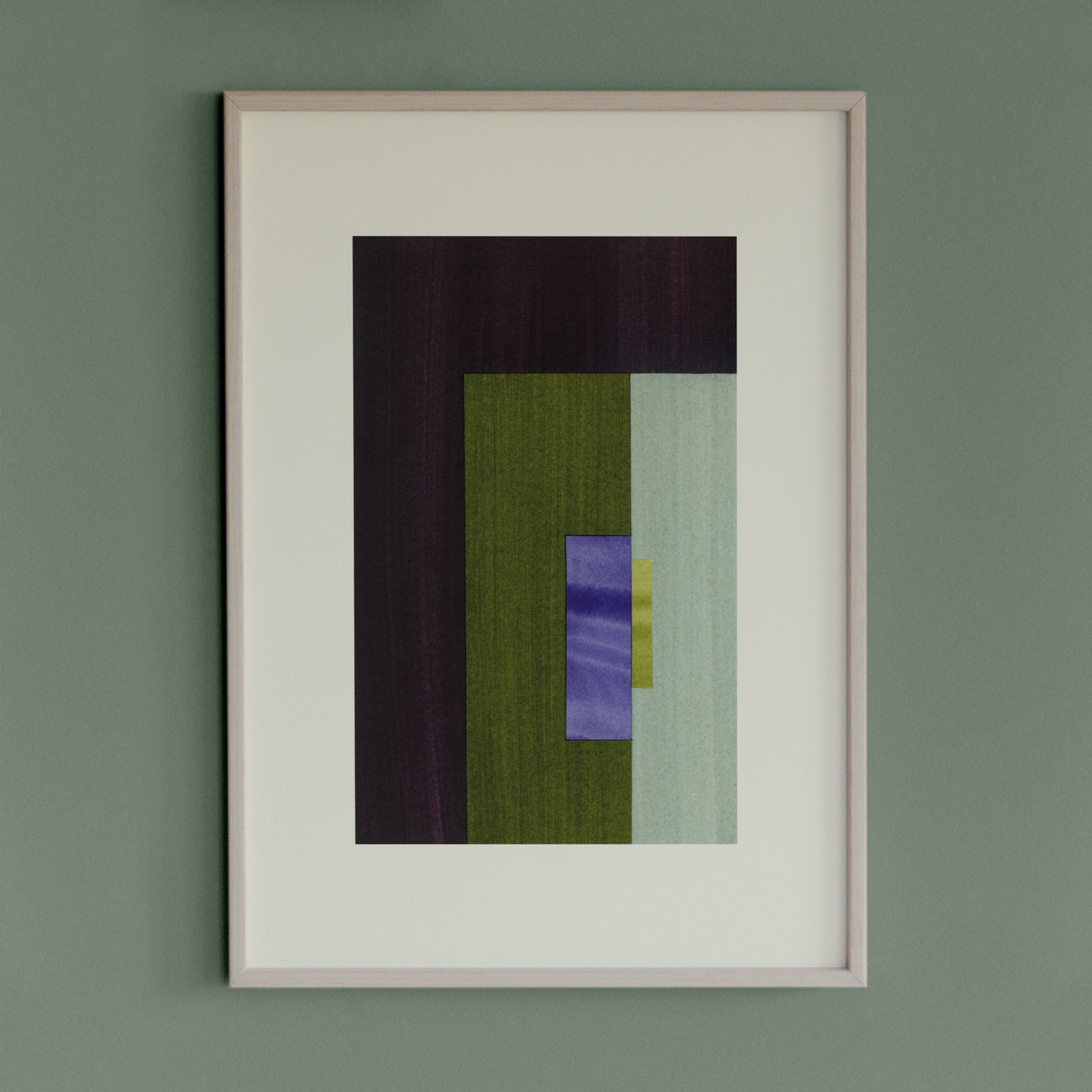 Geometric abstract artwork with dark brown, green and blue/purple colours, in a thin white oak wooden frame on a teal/aquamarine grey wall