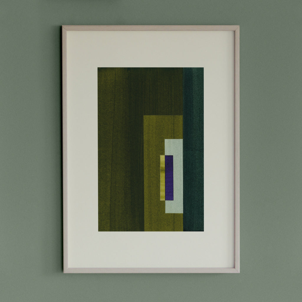 Geometric abstract artwork with olive green and blue/purple colours, in a thin white oak wooden frame on a teal/aquamarine grey wall