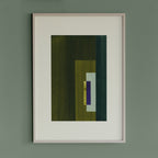 Geometric abstract artwork with olive green and blue/purple colours, in a thin white oak wooden frame on a teal/aquamarine grey wall