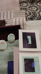Turquoise and deep eggplant purple geometric abstract art print samples with fabric swatches. Inspiration for pink, mint and dark rust themed interior design.