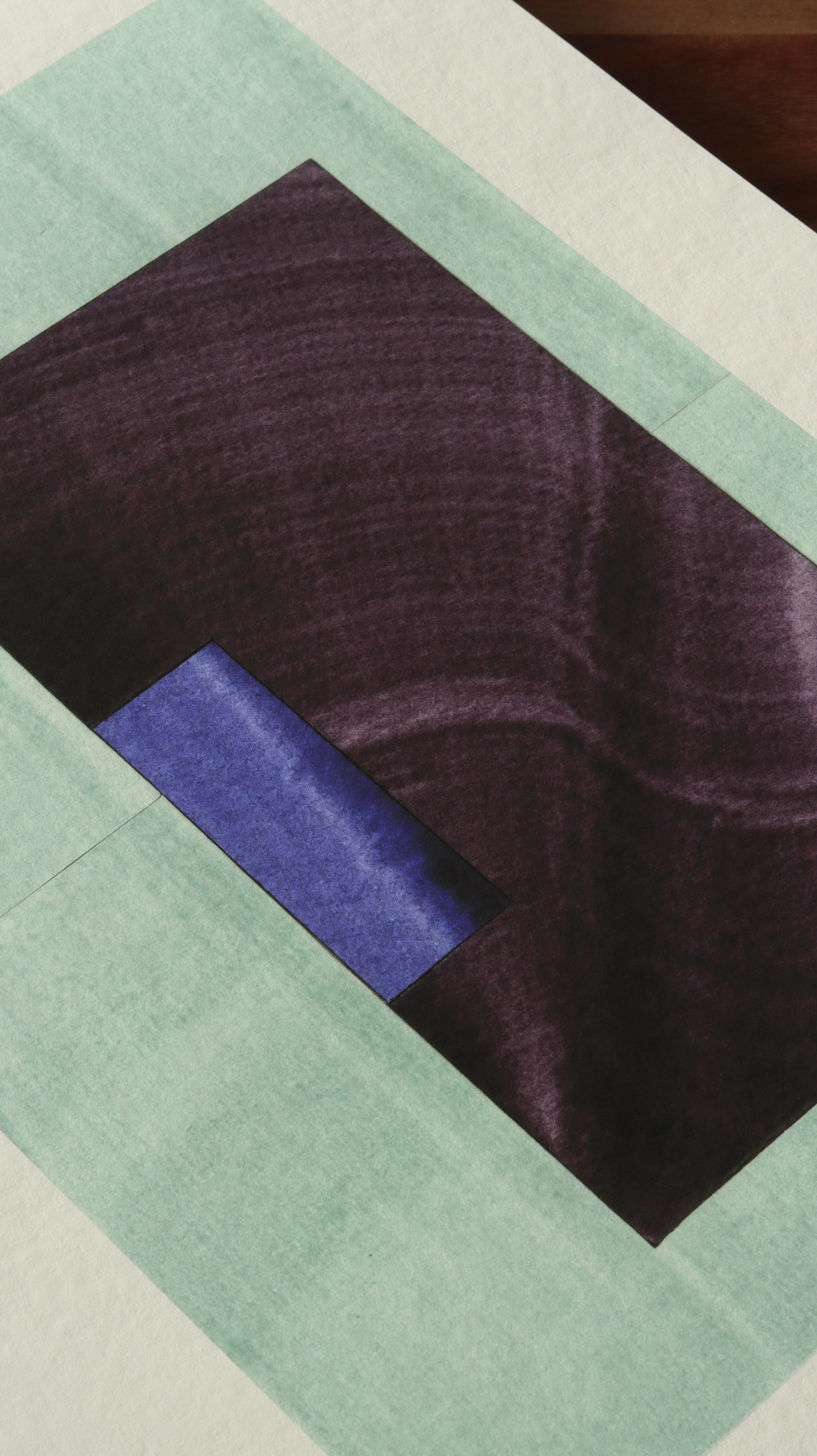 Geometric abstract artwork, fine art print. Close-up detail shot of abstract artwork with rectangular shapes in a light turquoise aqua green, deep purple and royal blue. On cream textured bamboo paper, showcasing the high quality and fine details.