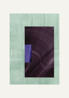 Geometric abstract artwork with rectangular shapes in light aqua turquoise, deep eggplant aubergine purple and royal blue on a cream background.