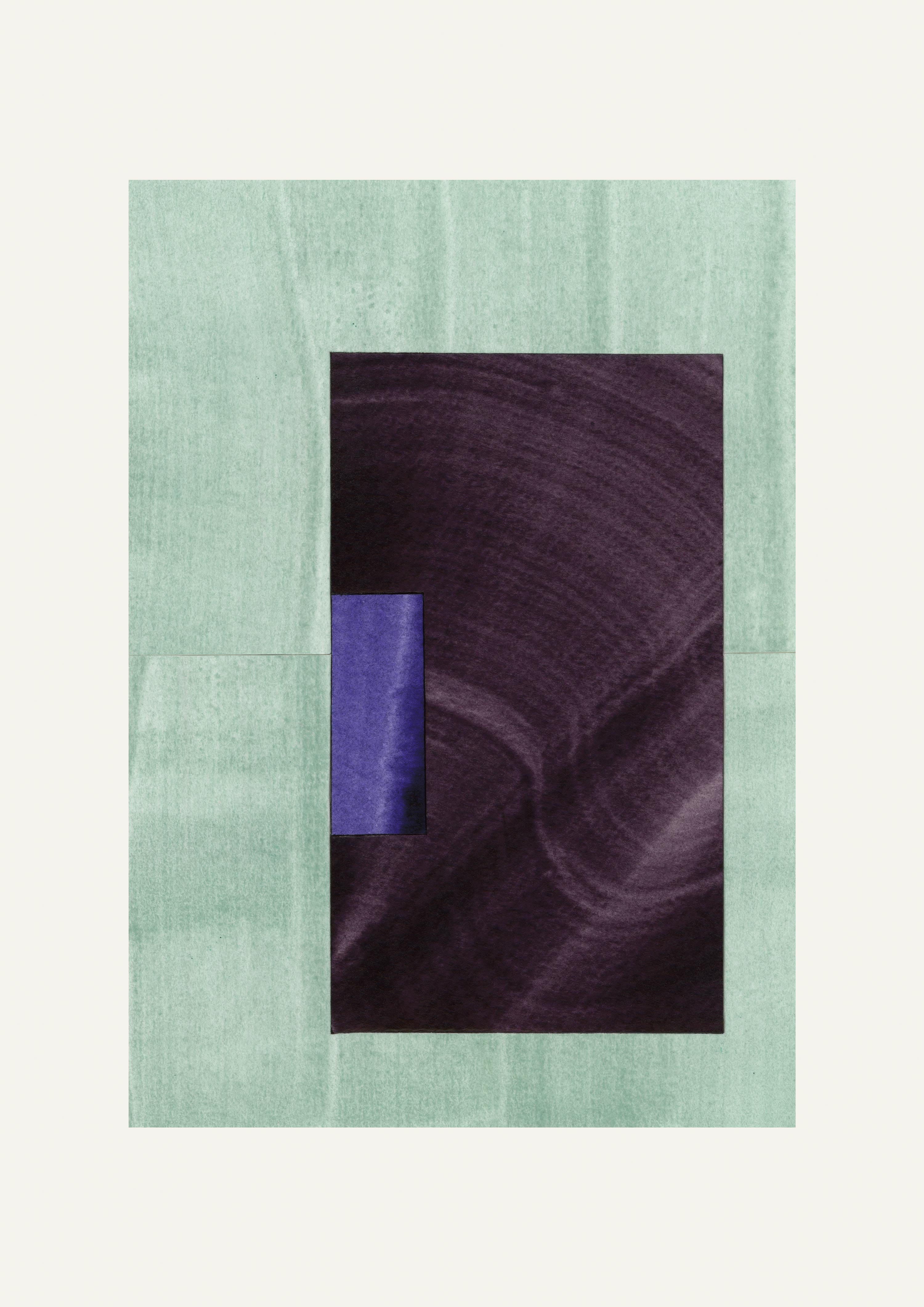 Geometric abstract artwork with rectangular shapes in light aqua turquoise, deep eggplant aubergine purple and royal blue on a cream background.