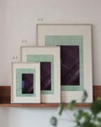 Set of turquoise and eggplant purple framed geometric abstract art prints on a neutral background, showing in sizes A4, A3, and A2
