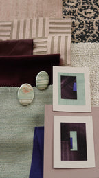 Turquoise and deep aubergine purple geometric abstract art print samples with fabric swatches. Inspiration for pink, mint and deep rust themed interior decor.