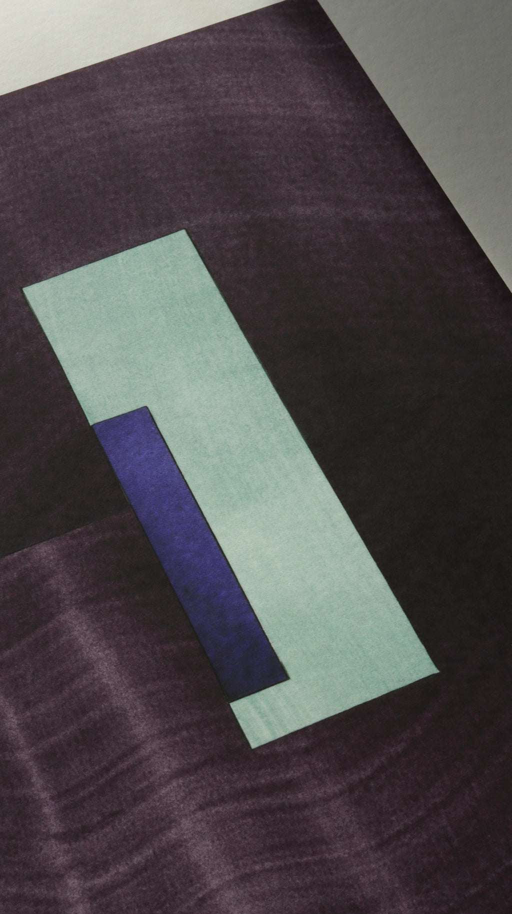 Geometric abstract artwork, fine art print. Close-up detail shot of abstract artwork with rectangular shapes in deep purple, turquoise green and royal blue, on cream textured bamboo paper, showcasing the high quality and fine details.