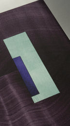 Geometric abstract artwork, fine art print. Close-up detail shot of abstract artwork with rectangular shapes in deep purple, turquoise green and royal blue, on cream textured bamboo paper, showcasing the high quality and fine details.