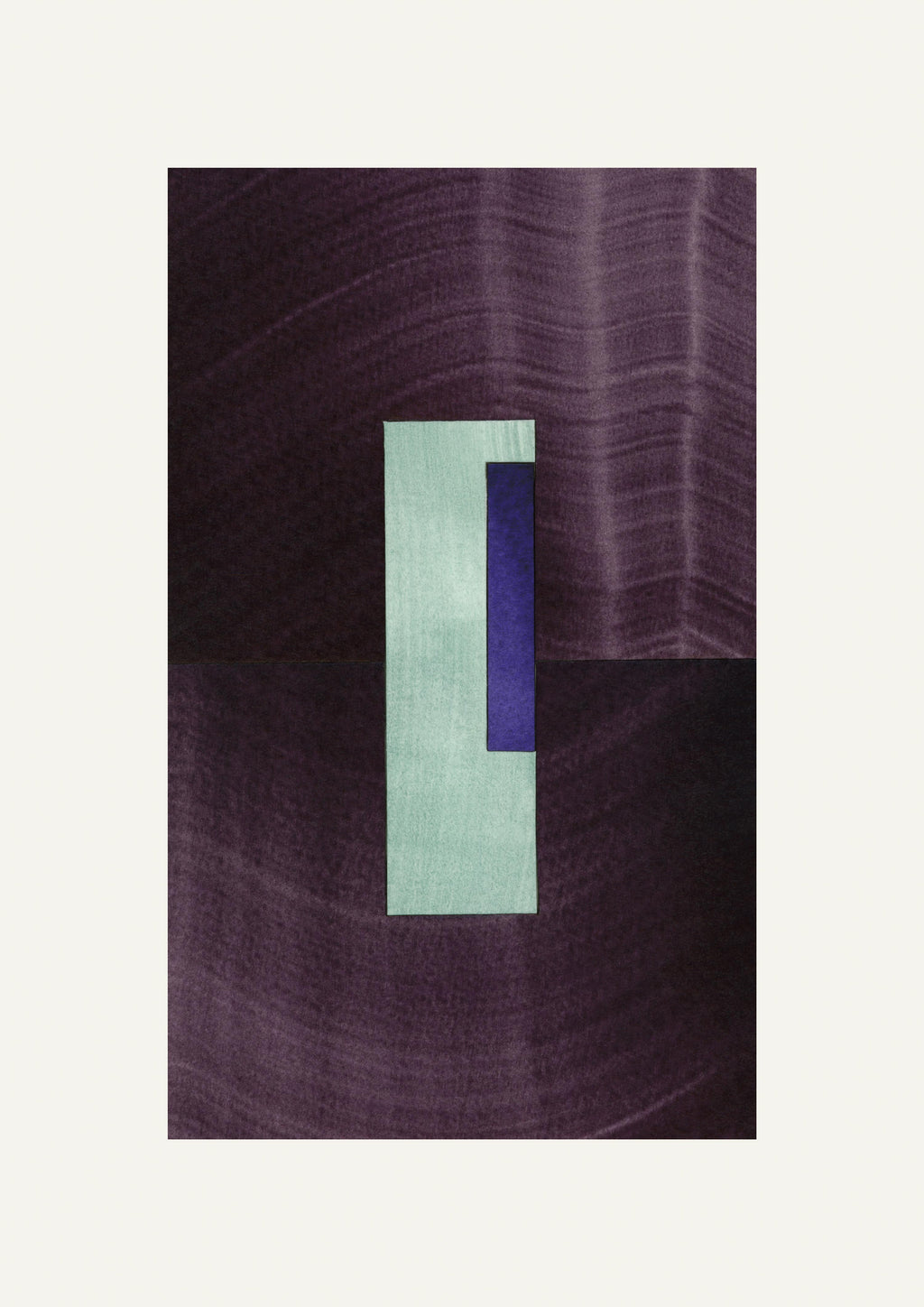 Geometric abstract artwork with rectangular shapes in deep aubergine eggplant purple, turquoise and royal blue on a cream background.