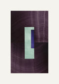 Geometric abstract artwork with rectangular shapes in deep aubergine eggplant purple, turquoise and royal blue on a cream background.