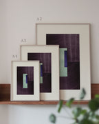 Set of eggplant purple and turquoise framed geometric abstract art prints on a neutral background, showing in sizes A4, A3, and A2
