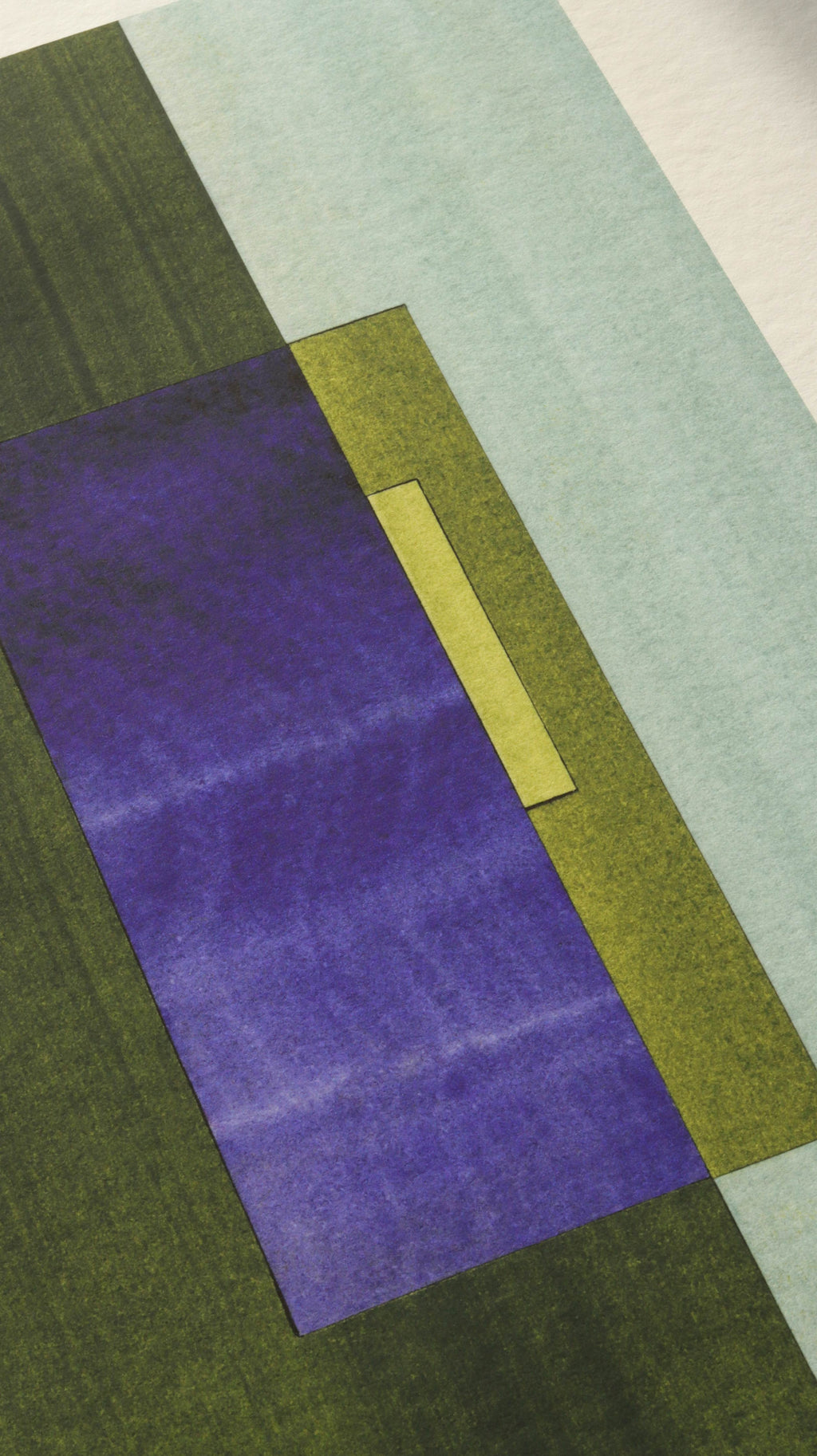 Geometric abstract artwork, fine art print. Close-up detail shot of abstract artwork with rectangular shapes in olive green and royal blue, turquoise and yellow on cream textured bamboo paper, showcasing the high quality and fine details.
