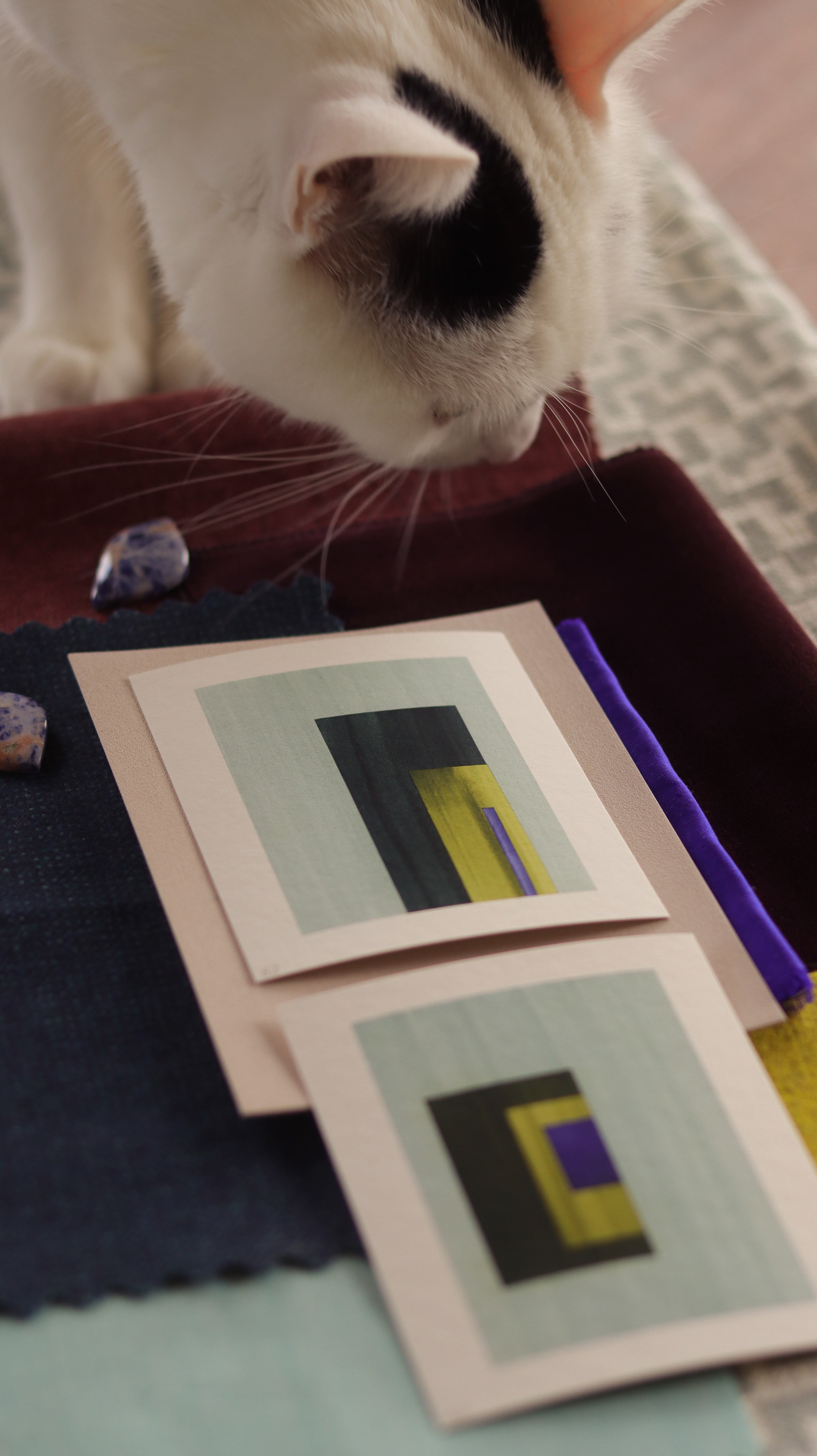 Cat sniffing Blue and turquoise geometric abstract art print samples with fabric swatches. Inspiration for teal.grey, burgundy themed interior design.