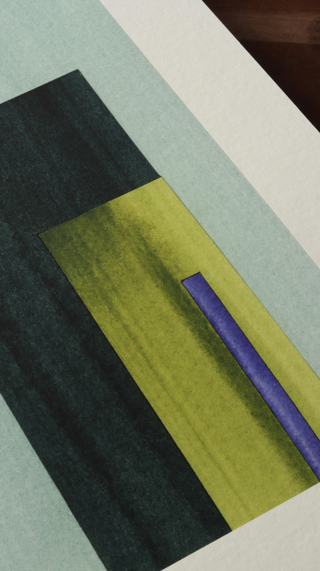 Geometric abstract artwork, fine art print. Close-up detail shot of abstract artwork with rectangular shapes in light turquoise, dark forest green, olive green and royal blue/purple on cream textured bamboo paper, showcasing the high quality and fine details.