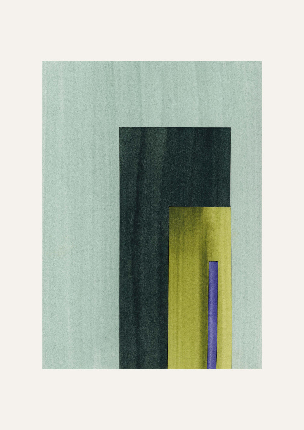 Geometric abstract artwork with rectangular shapes in turquoise, green and yellow, on a cream background.