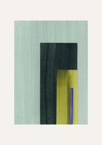 Geometric abstract artwork with rectangular shapes in turquoise, green and yellow, on a cream background.