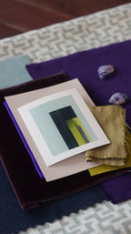 Turquoise blue and green geometric abstract art print sample with fabric swatches. Inspiration for teal and blue themed interior decor.