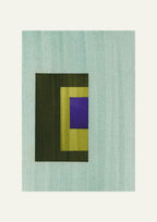 Geometric abstract artwork with rectangular shapes in turquoise, green, royal blue and yellow, on a cream background.