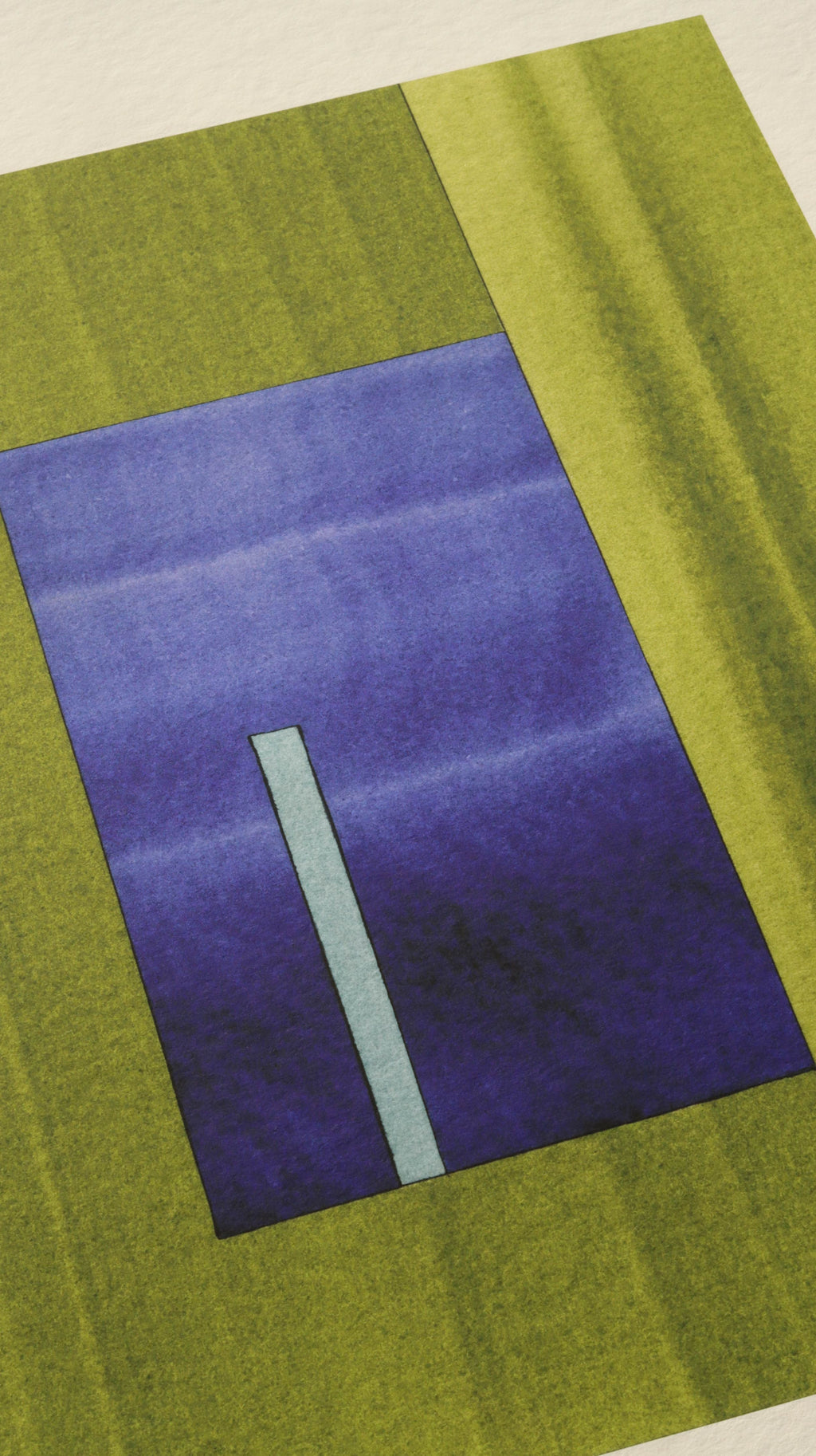 Geometric abstract artwork, fine art print. Close-up detail shot of abstract artwork with rectangular shapes in vibrant green and blue/purple on cream textured bamboo paper, showcasing the high quality and fine details.