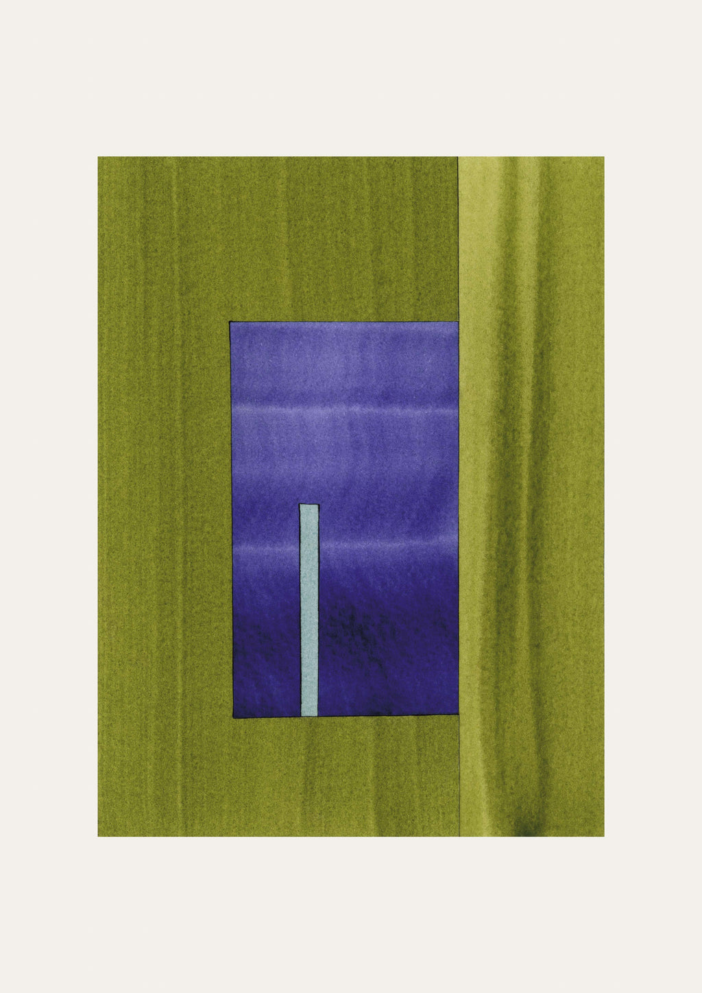 Geometric abstract artwork with rectangular shapes in vibrant moss green and royal blue/purple, on a cream background.