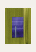 Geometric abstract artwork with rectangular shapes in vibrant moss green and royal blue/purple, on a cream background.