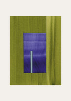Geometric abstract artwork with rectangular shapes in vibrant moss green and royal blue/purple, on a cream background.