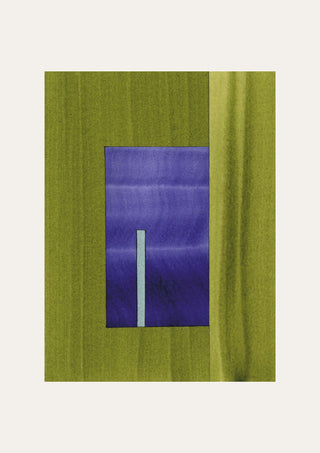 Geometric abstract artwork with rectangular shapes in vibrant moss green and royal blue/purple, on a cream background.