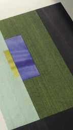 Geometric abstract artwork, fine art print. Close-up detail shot of abstract artwork with rectangular shapes in olive green, deep brown, light turquoise and royal blue/purple on cream textured bamboo paper, showcasing the high quality and fine details.