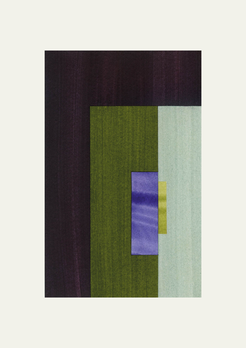 Geometric abstract artwork with rectangular shapes in dark brown, olive green, royal blue/purple and turquoise on a cream background.