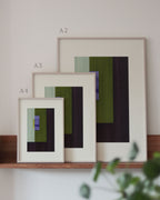 Set of green, brown and blue framed geometric abstract art prints on a neutral background, showing in sizes A4, A3, and A2