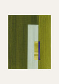 Geometric abstract artwork with rectangular shapes in green, turquoise, royal blue/purple and yellow, on a cream background.