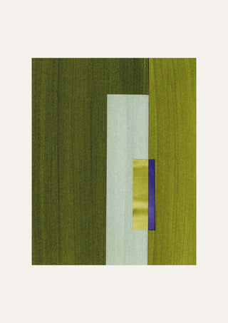 Geometric abstract artwork with rectangular shapes in green, turquoise, royal blue/purple and yellow, on a cream background.