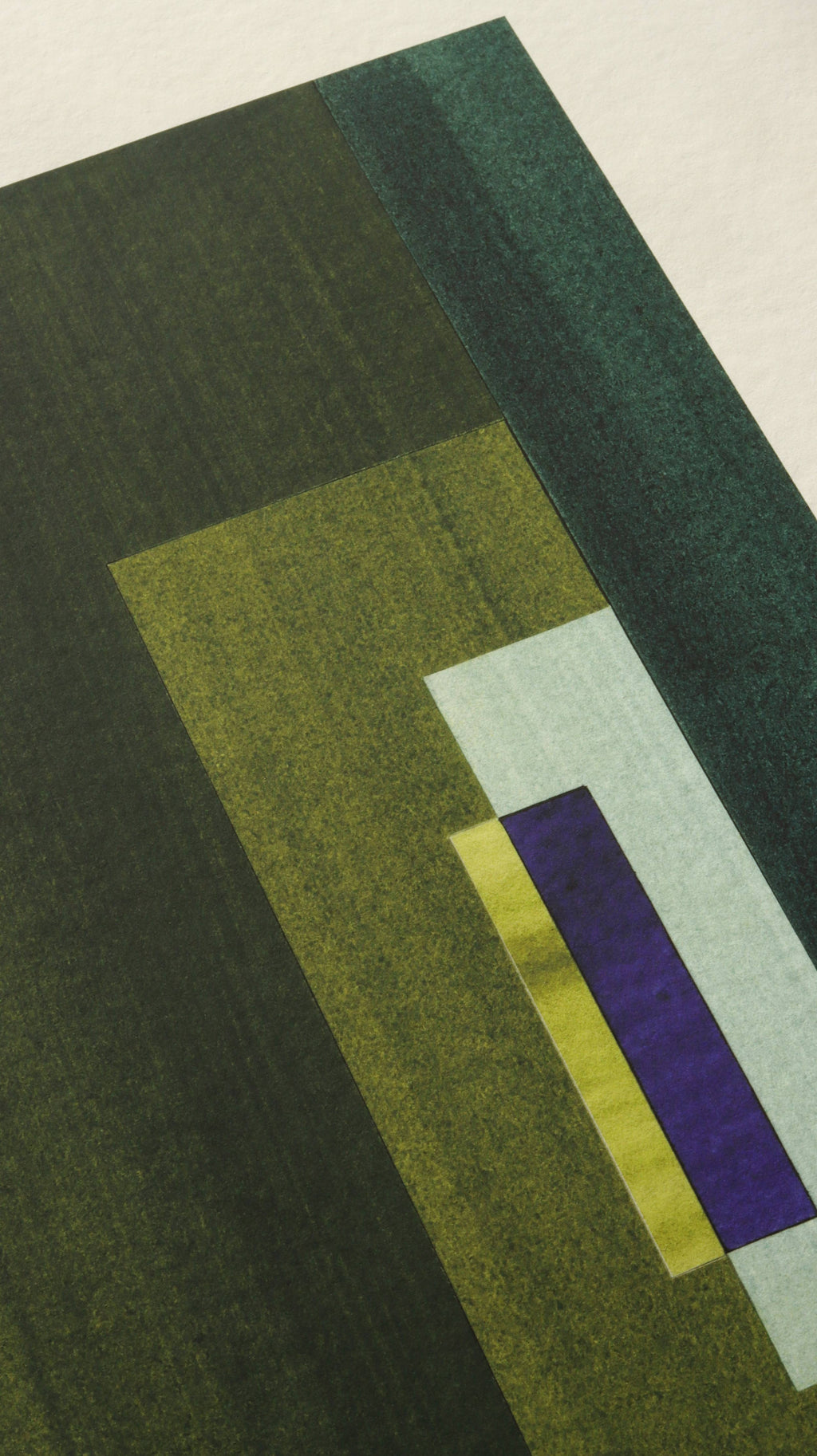 Geometric abstract artwork, fine art print. Close-up detail shot of abstract artwork with rectangular shapes in deep olive green and blue/purple on cream textured bamboo paper, showcasing the high quality and fine details.