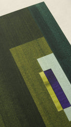 Geometric abstract artwork, fine art print. Close-up detail shot of abstract artwork with rectangular shapes in deep olive green and blue/purple on cream textured bamboo paper, showcasing the high quality and fine details.