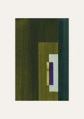 Geometric abstract artwork with rectangular shapes in olive green, royal blue and yellow, on a cream background.