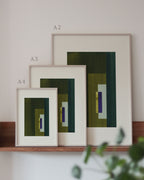 Set of green and blue framed geometric abstract art prints on a neutral background, showing in sizes A4, A3, and A2