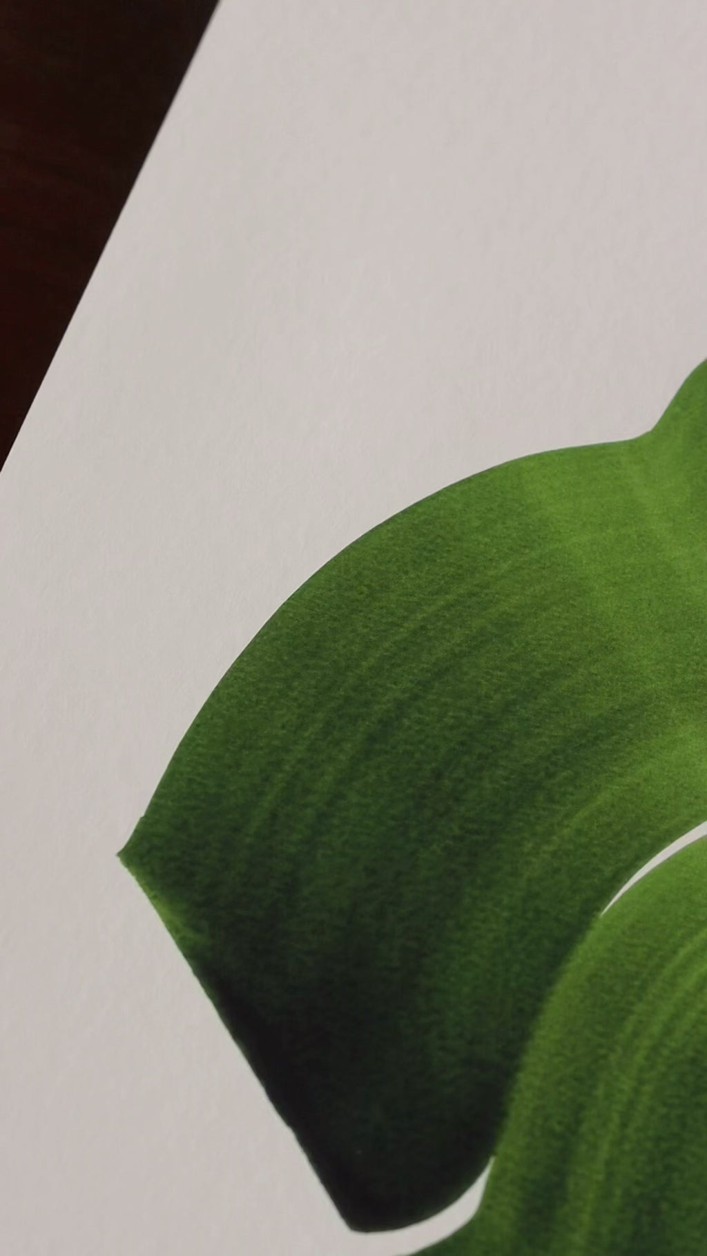 Slow close-up detail footage of a dark green abstract art print on fine art paper